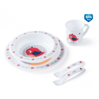 Plastikowy Zestaw Naczyń dla Dzieci Czerwony Ptaszek do Nauki Jedzenia